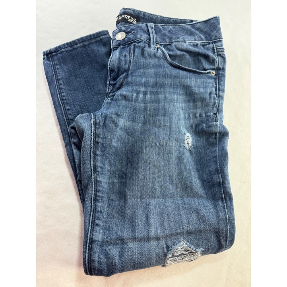 Express Jeans Blue Distressed Denim Slim Leg Pants Size 32x27.5 Whiskered Ripped